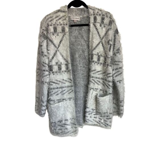 Knox Rose Sweater Women Medium Gray White Tribal Print Long Sleeve Open Cardigan - Picture 1 of 9